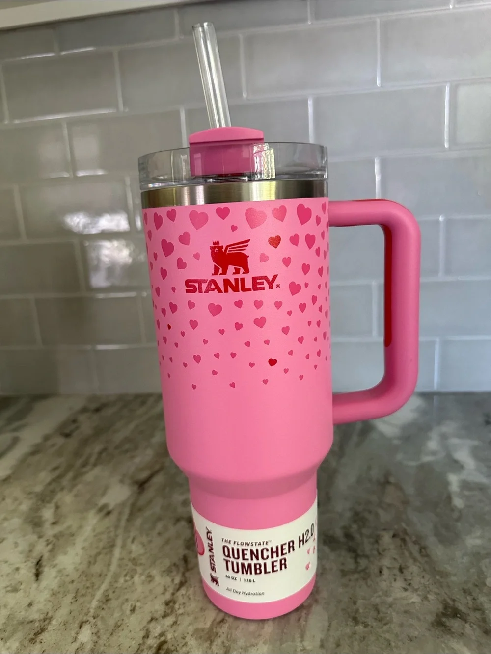 Stanley Pink Heart-Pattern Quencher Tumbler with Handle